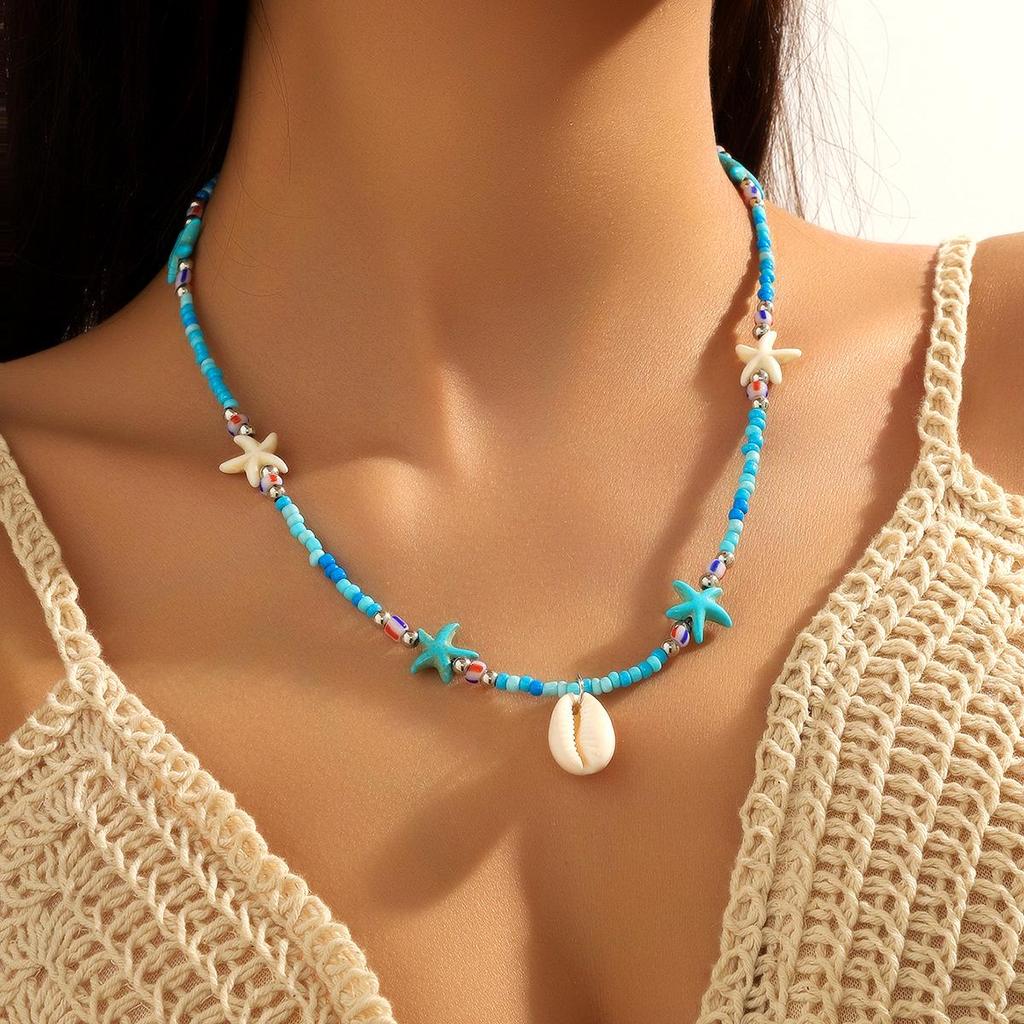 Bohemian Summer Beaded Necklace with Shell Pendant and Colorful Millet Beads