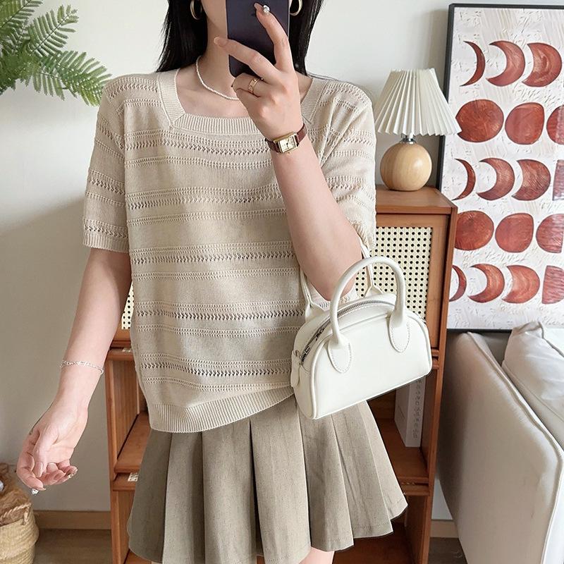 

2024 Summer Striped Loose Knit Women s Top - Short Sleeve T-shirt Large
