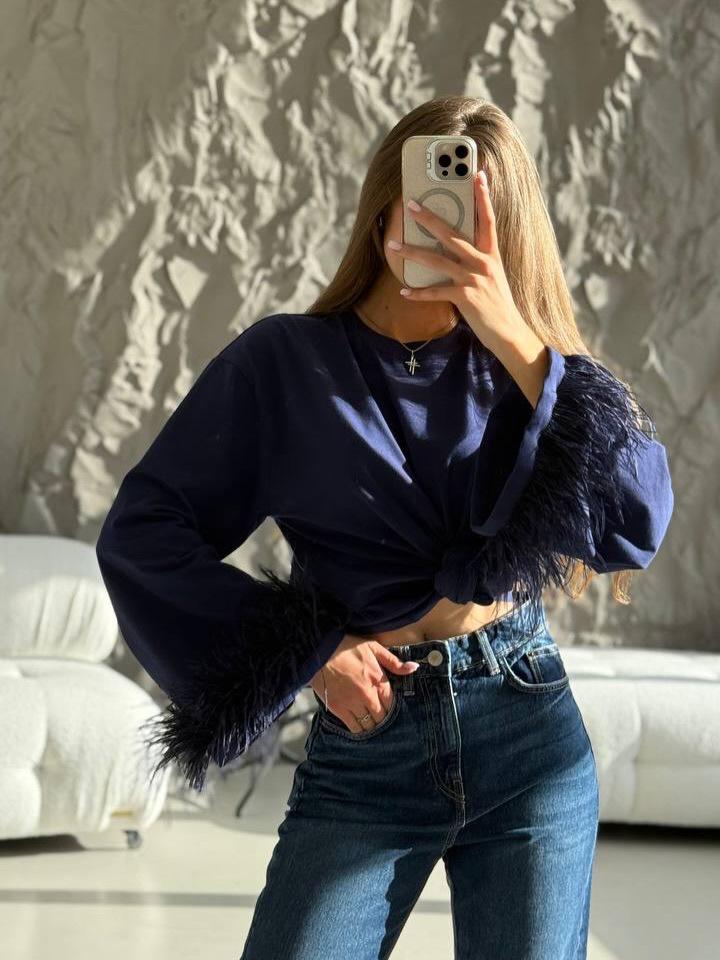 Γυναικείο Μακρυμάνικο T-shirt με Φαρδιές Μανσέτες και Ένθετα Γούνας - Ευρωπαϊκό και Αμερικανικό Στυλ, Συλλογή Άνοιξη 2026