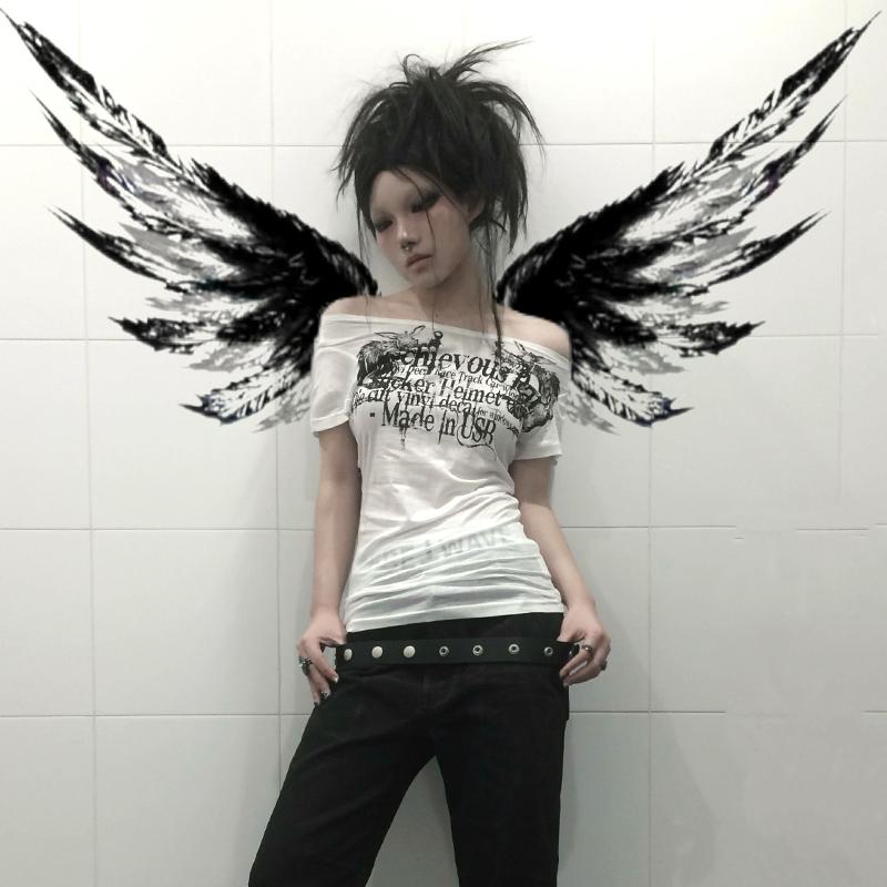 VAYLA Grunge Aesthetics Tattoo Print T-shirt Trashy 2000s Style Letter T Shirt Japanese Y2k White Sheer Tops Gothic Vintage