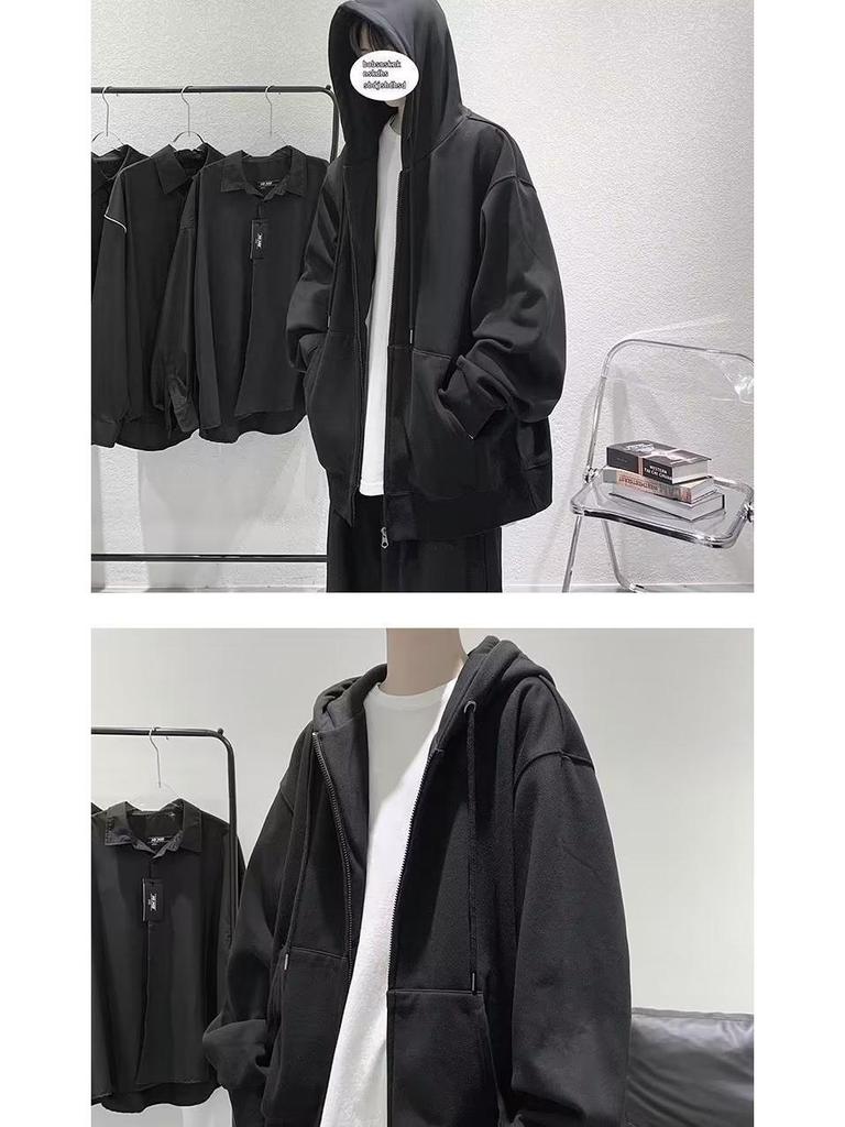 Pánský nadměrný kardigan s kapucí a sametovou podšívkou - Volný střih, Trendy korejský styl pro podzim/zimu