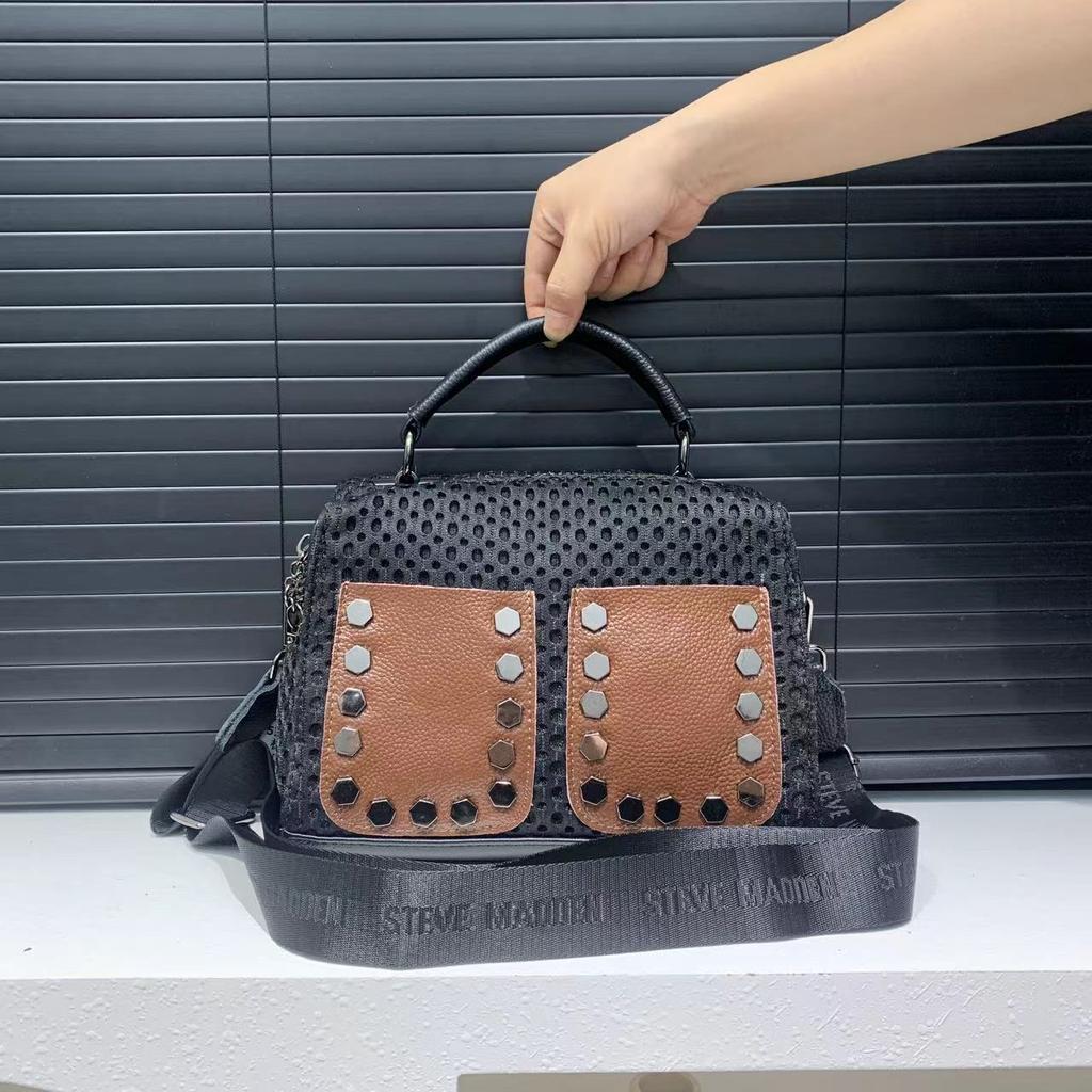 Women'S Mesh Shoulder Bag Large Capacity Splicing Rivet Crossbody Handbag