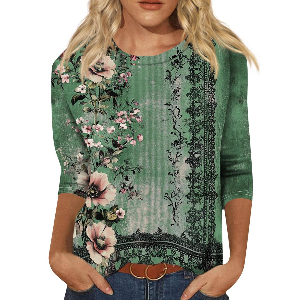 Women's Casual Round Neck Three Quarter Sleeve Floral Print Top Lightweight Soft Fabric Comfortable Fit