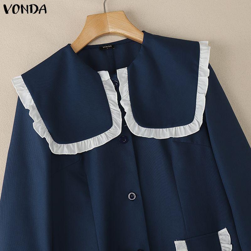 VONDA Women Elegant Big Lapel Neck Long Sleeve Stitching Casual Mini Dress