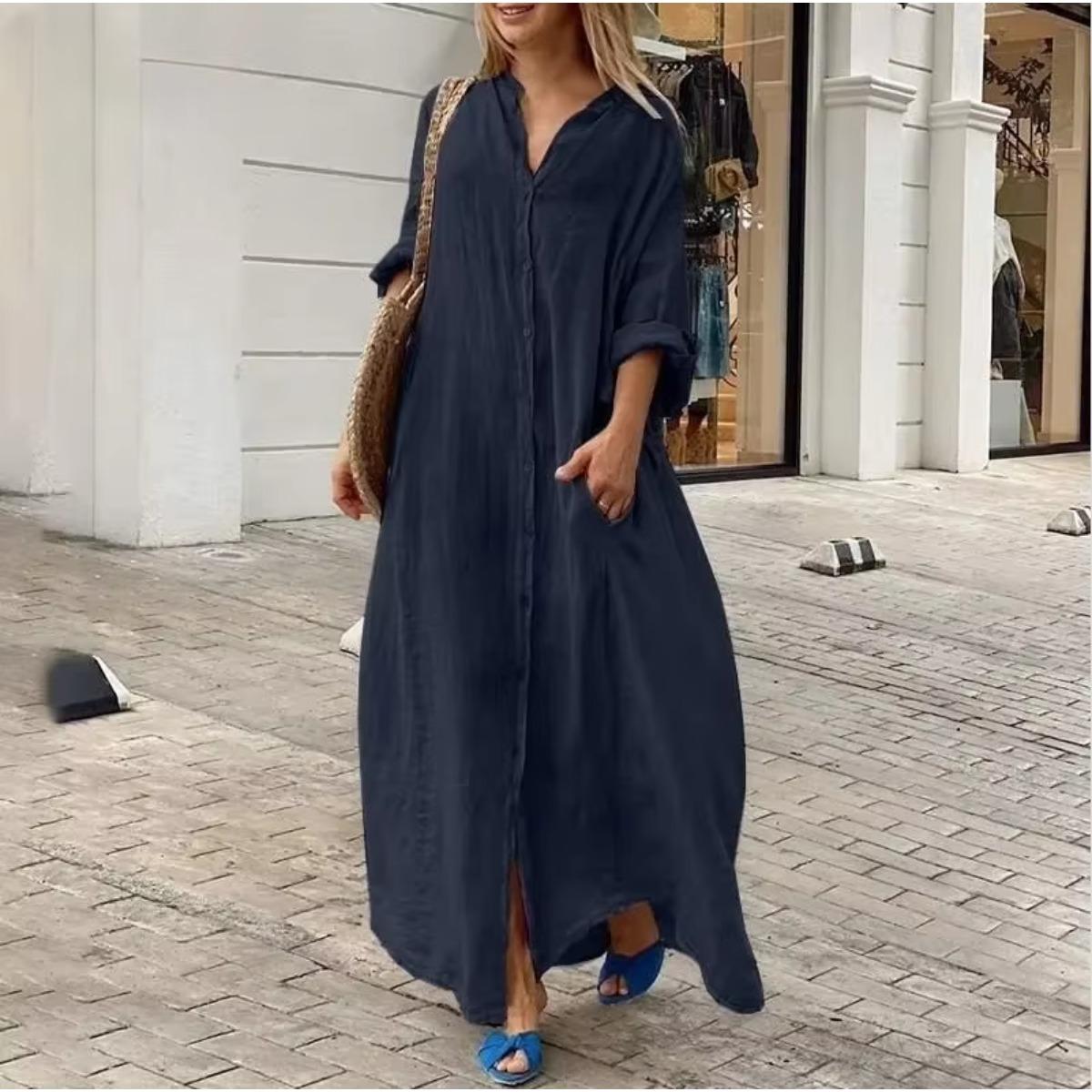 

Spring Cotton Linen Oversize Women Dress Long White Button Loose Dresses Female New Casual Trendy Elegant Ladies Clothes 5XL темно-синього кольору