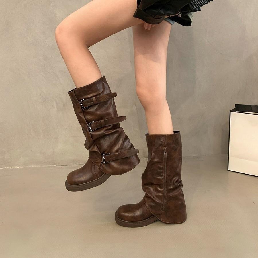 

Милые классные ботинки-трубы с пряжкой на ремне, средней высоты, женские, новинка 2025 года, винтажные ковбойские сапоги в стиле вестерн, брюки-трубы, высокие каблуки, ботинки Martin 39