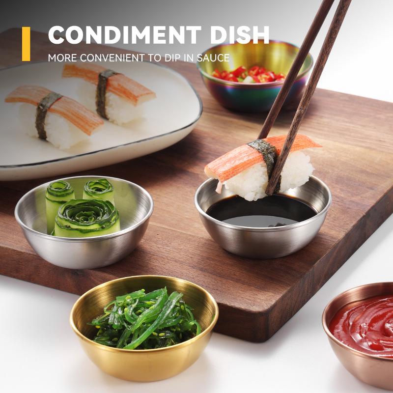 4-Piece Set of Gold 304 Stainless Steel Round Seasoning & Dipping Bowls for Soy Sauce