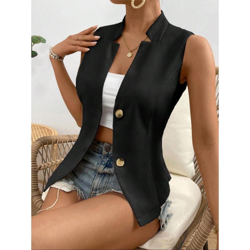 Women V Neck Sleeveless Blazer Vest with Padded Bust Single Breasted Slim Fit Casual Office Waistcoat