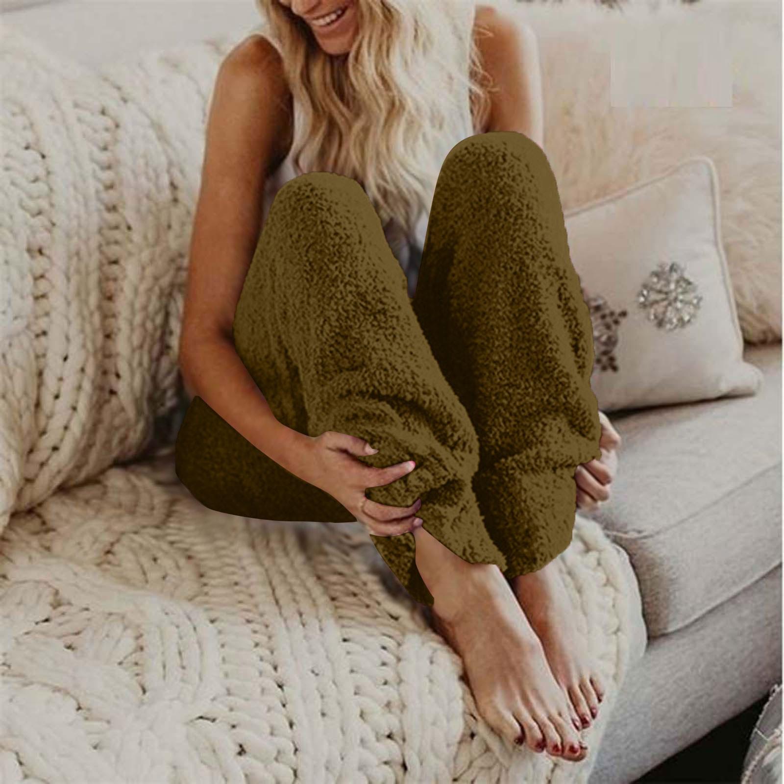 Женские Повседневные Плюшевые Брюки Свободного Кроя на Эластичной Талии с Манжетами Длинные Домашние Брюки L кофейный