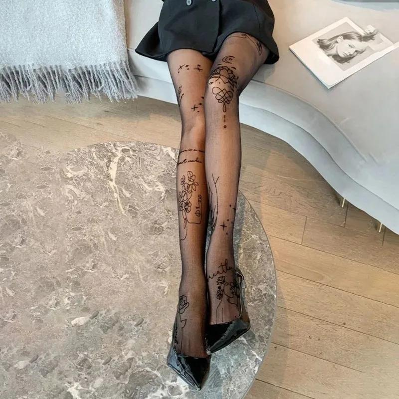 Vrouwen Sexy Panty's met Patroon Tatoeages Panty's Inscripties Bloemen Letter Dames Dunne Lange Zwarte Kousen