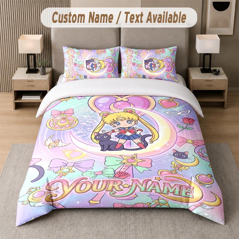Sailor Moon 3Pcs Bedding Set, Personalized Custom Name Text, 1 Duvet Cover & 2 Pillowcases For Bedroom