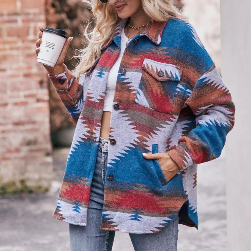 Women's Clothing 2023 Autumn and Winter New AZTEC Geometric Jacket Shirt Lapel Woolen