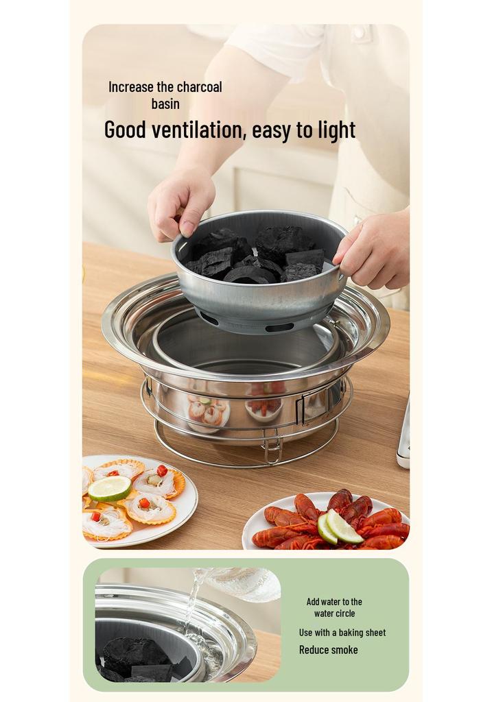 Korean-Style Stainless Steel Round BBQ Grill & Fire Pit with Non-stick Baking Pan