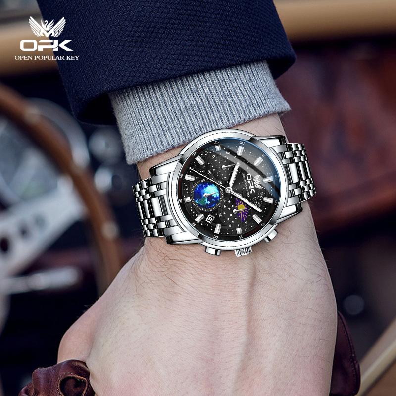 OPK Brand Steel Belt Dual Calendar Men's Quartz Watch 8142