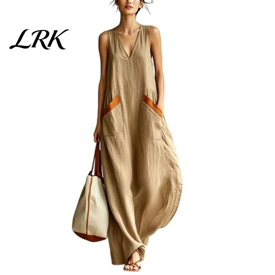 Summer Dress with Functional Pockets Women Boho Sleeveless Maxi Dress, V Neck Flowy Long Casual Tank A-line Loose V-neck S