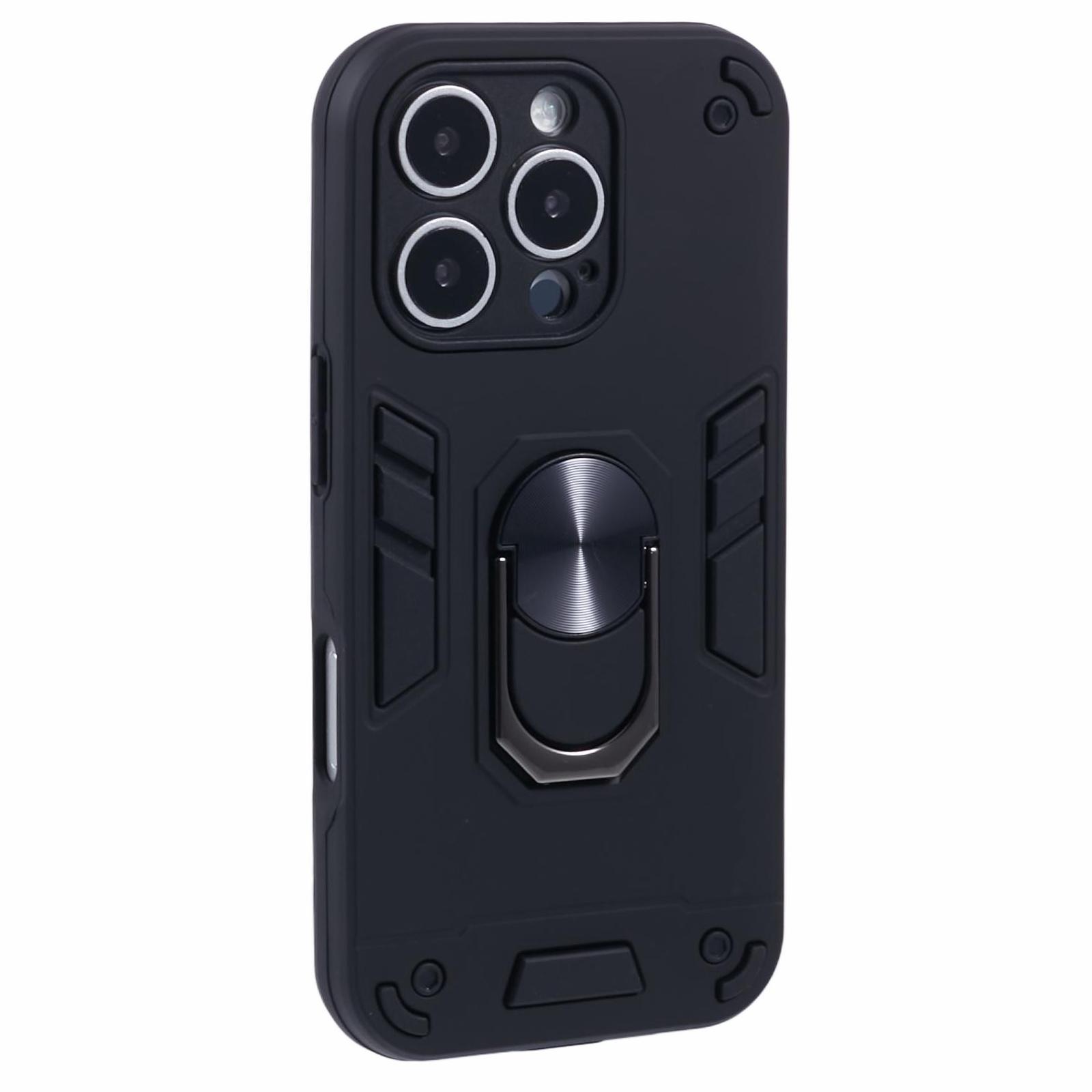 

For iPhone 16 Pro Max Case PC+TPU Drop Defend Phone Cover with Ring Kickstand Black