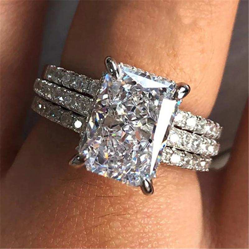 

925 Sterling Silver 3Pcs Set Rings Luxury Geometric Rectangular Cubic Zirconia Rings for Women Engagement Wedding Jewelry 6