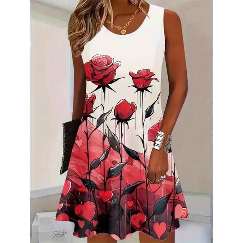 Plus Size Women's Dress Fashion 3D Plaid Print Sleeveless Elastic Round Neck Summer Dresses