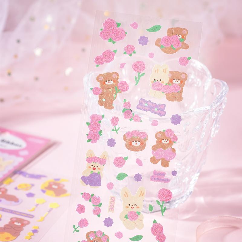 12 Blatt niedliche Bären-Aufkleber-Set, Cartoon-Bling-Band-Blumen-Notizaufkleber für Geschenk-Tagebuch-Album-Dekoration