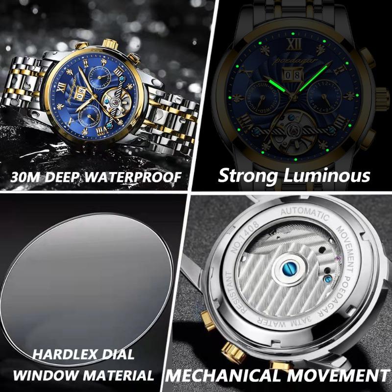 POEDAGAR Orologio da polso meccanico automatico di lusso Acciaio Inossidabile Tourbillon Orologio da uomo Impermeabile Luminoso Orologi da uomo da affari