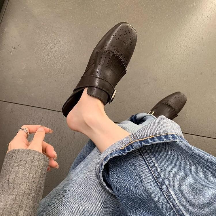 Cowhide Version Grape Mother Brock Engraved Fringed Bag Head Slippers Women's Summer Wear Flat-bottomed Retro Muller Half Slippers