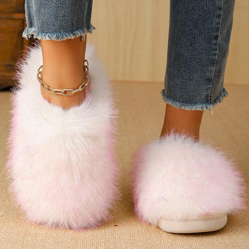 Fashion Elegant Mix Color Fur Slippers Women Winter Faux Fur Warm Indoor Plush Slides for Woman Round Toe Non Slip Cotton Slippers Lady