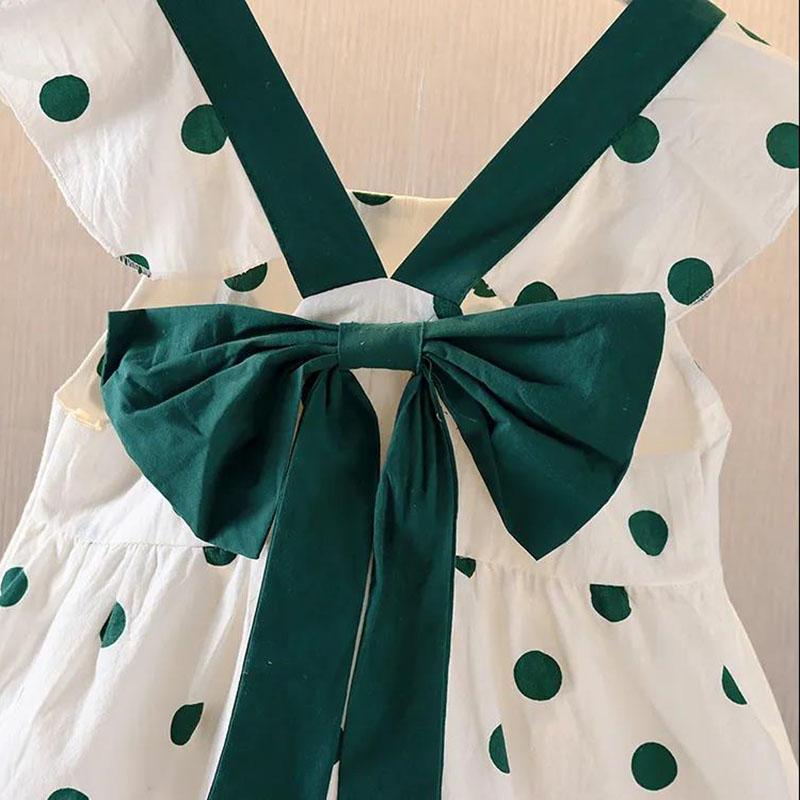 Dívčí letní šaty bez rukávů s puntíky, sladké s motýlkem, bavlněná sukně na ramínka, dívčí roztomilá princeznovská sukně, bez rukávů, v pase, áčková sukně