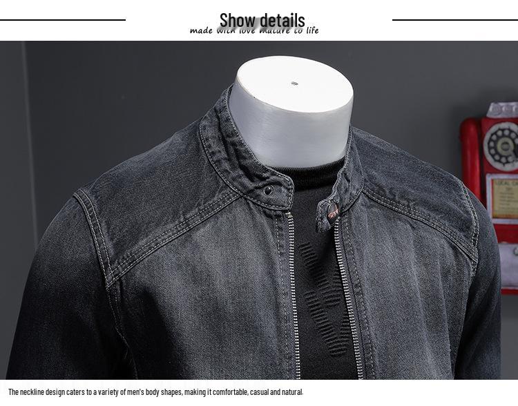 Spring 2020 Men's Dark Blue Retro Motorcycle Denim Jacket with Stand Collar and Zipper