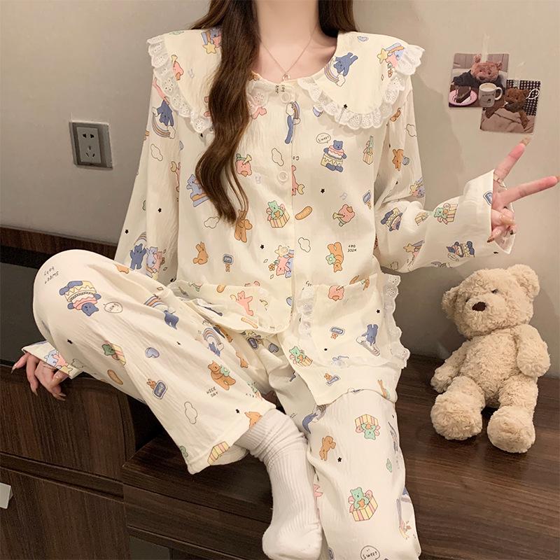Women's Cartoon Lace Peter Pan Collar Cotton Pajamas - Long Sleeve, Spring/Fall, Winter Style