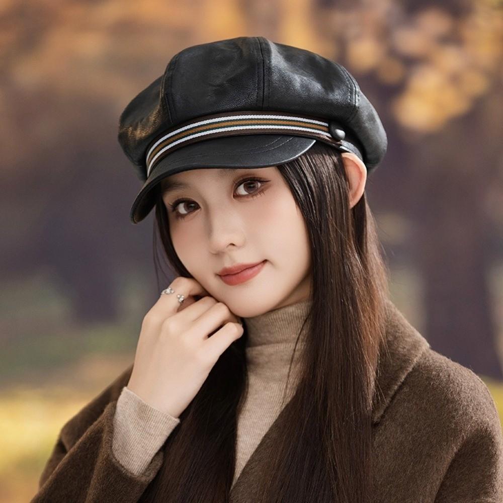 Windproof Octagonal Hat Warm Painter Hat Personality Pu Leather Beret  Autumn