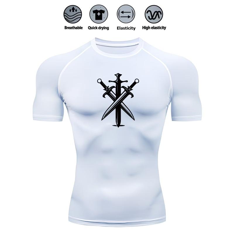 Men's Compression Shirt Quick Dry Navy Blue Gym T-Shirt Three Crossed Swords Print Workout Sportswear