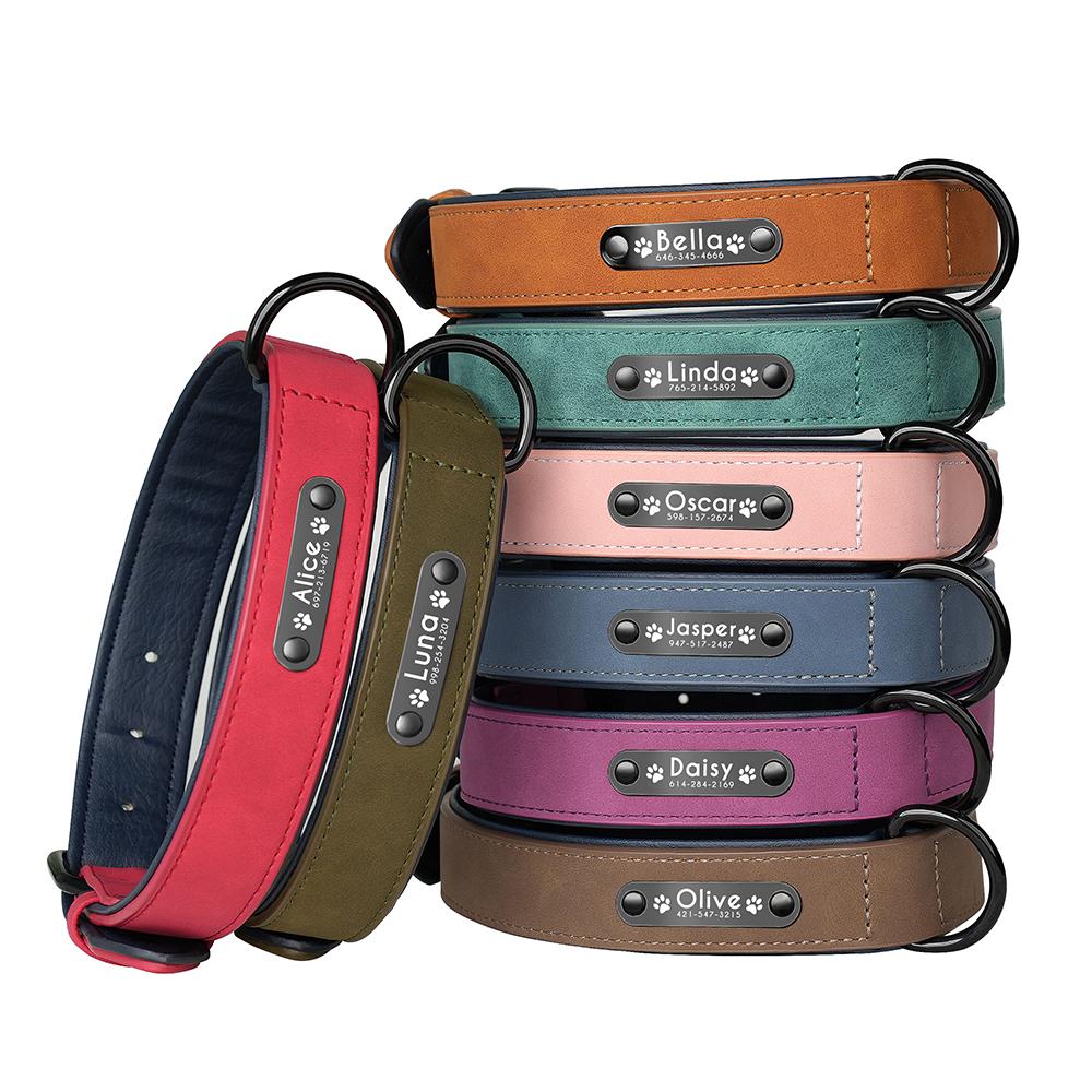 Personalized  PU Leather Dog Collar Soft Padded Pet Dog Collars Engraved Name Paw Durable Necklace for Small Medium Large Dogs
