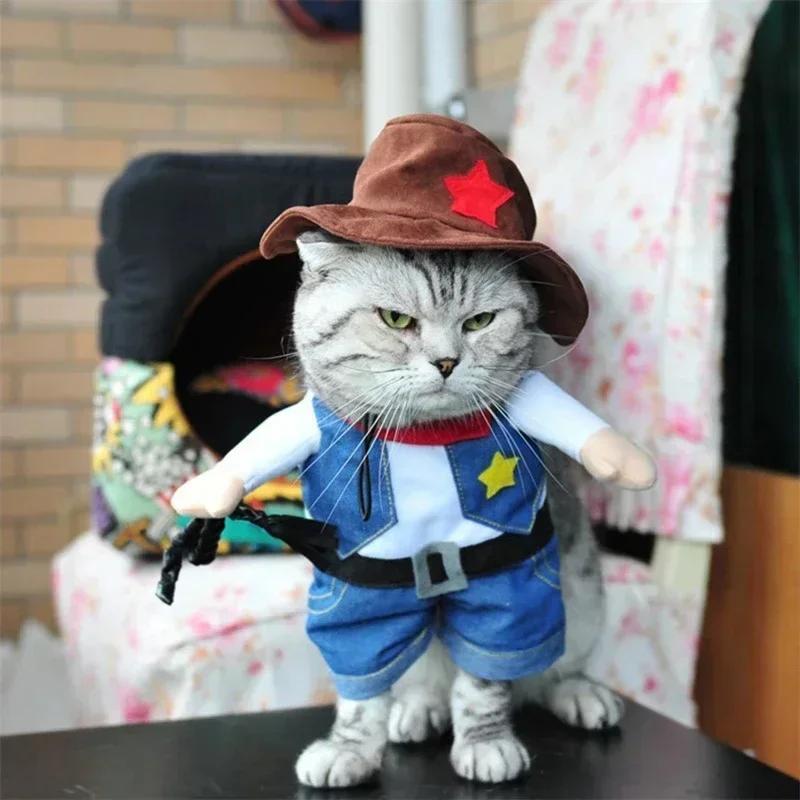 "Adorable Cowboy Outfit for Dogs & Cats - Fun Halloween Hoodie Jumpsuit with Jeans Design"
