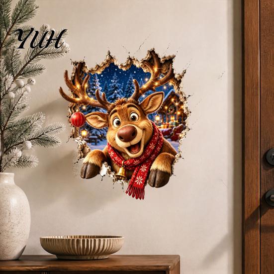 Holiday Wall Stickers Christmas Break-In 3D Decal, Santa Claus/Deer/Snowman/Elf/Dog/Nutcracker/Gingerbread Man Patterns Window Festive Home Decoration