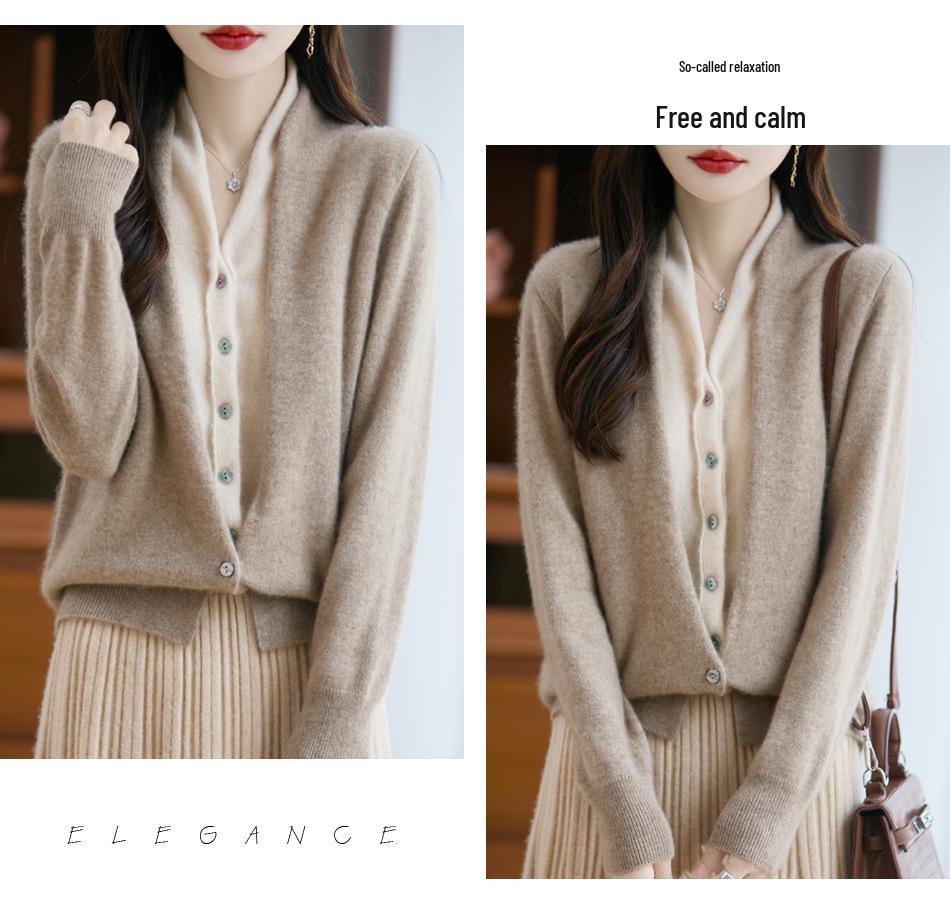 Women's French V-Neck Wool Cardigan - Faux Two-Piece, Long Sleeve, Color Block, Autumn/Winter Collection