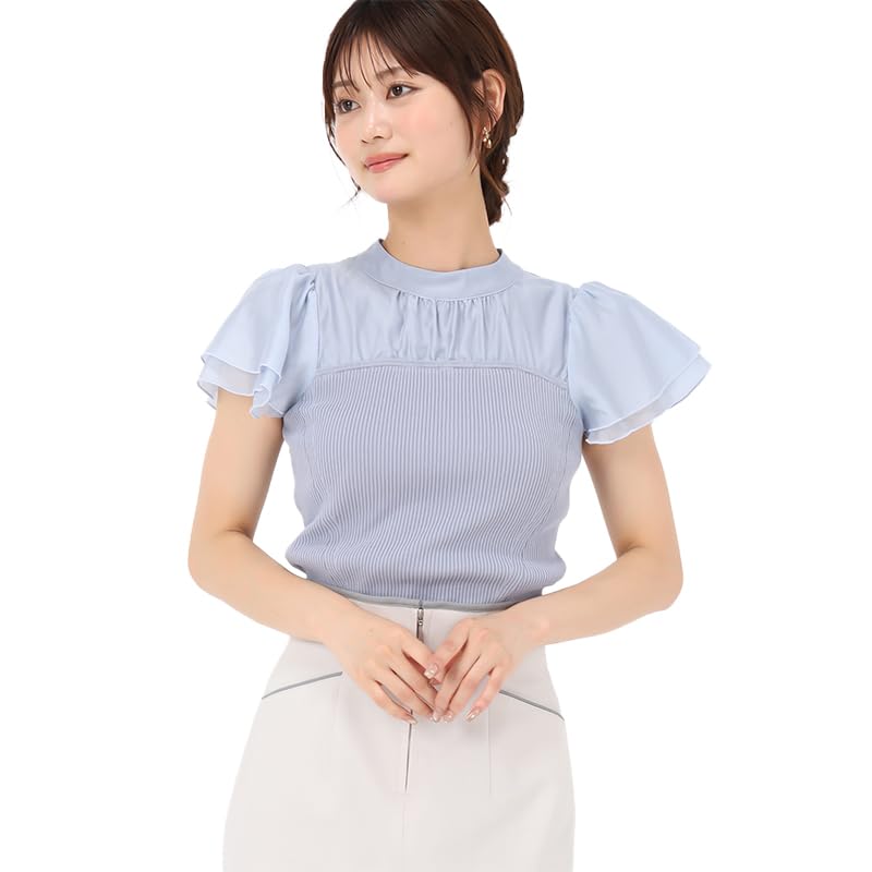 Mishmash Short Sleeve Knit Sweater with Office Blue Women's Bustier, Flared, Feminine, Outing, Spring, Casual,