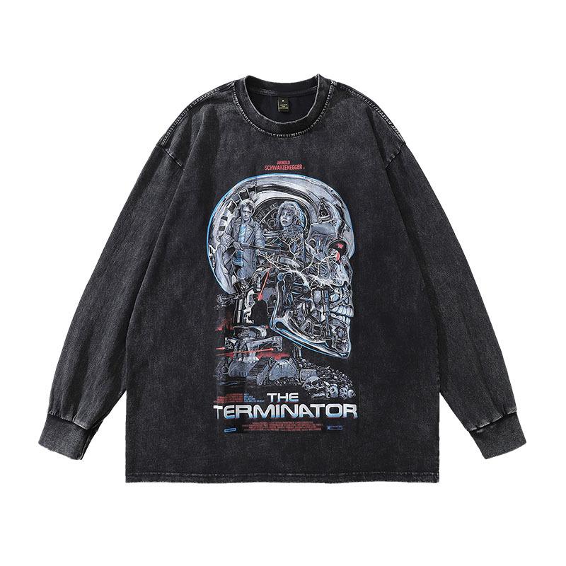 European And American High Street Spoof Print Vintage Hip Hop Retro Wind Wash Water Round Neck Long Sleeve Bottoming T-Shirt Men And Women