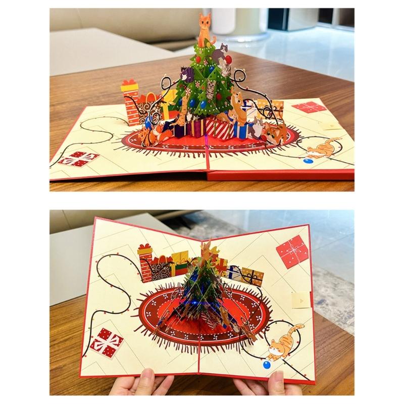Musical Holiday Card Highlighting 3D Paper Sculpture Christmas Tree And Cats Participatory Light Consequences Artisanal Plan