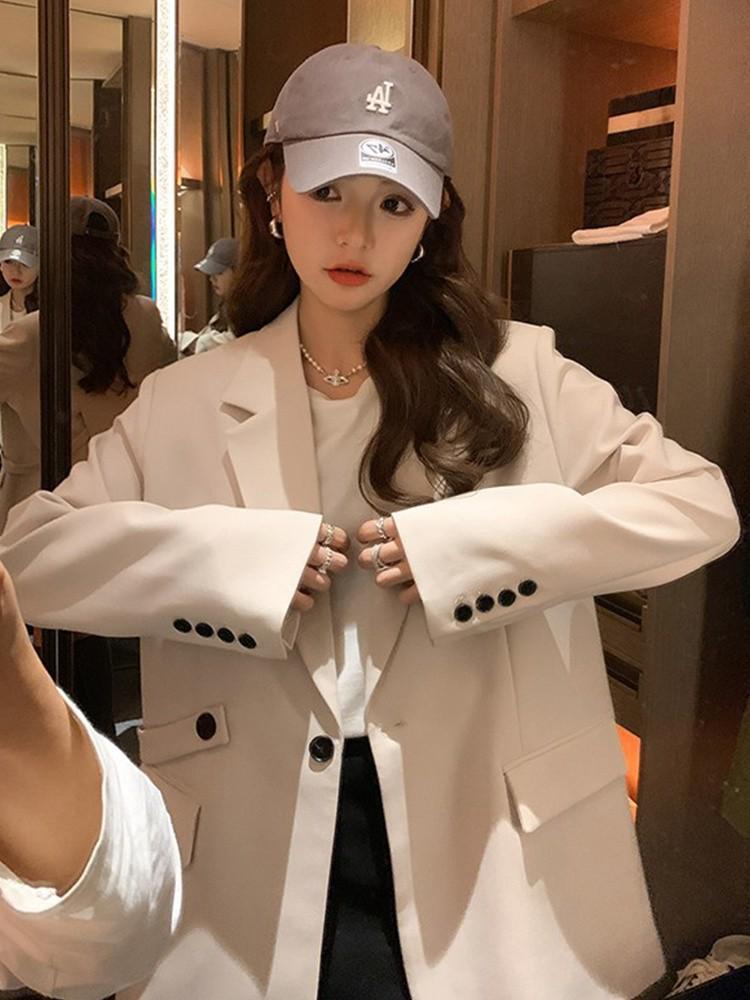 Beige Back Slit Small Suit Jacket for Women - Spring 2025 Korean Style Loose Fit Blazer