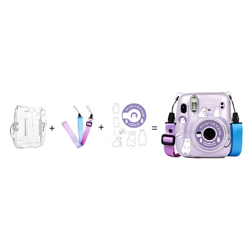 Für instax Mini 11 Kameratasche, transparente Aufbewahrungsschale, weiche Silikon-Schutzhülle, Tragetasche, Gurtaufkleber, dreiteiliges Set