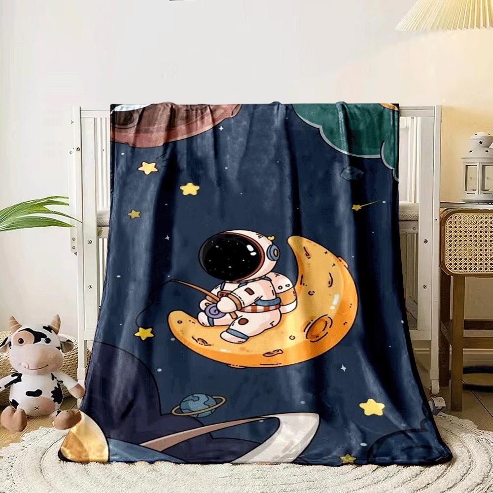 Astronaut fishing while sitting on a crescent moon in space scenery. for all seasons blanket lunch break throw gift 80cm x 120cm