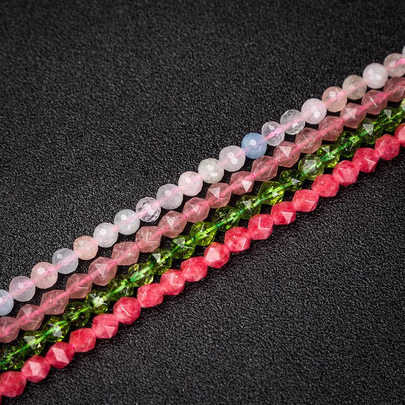 Natural Green Olive & Red Vein Morganite Strawberry Quartz Faceted Round Loose Beads