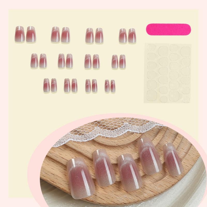 Square Press On Nail Cats Eye Fake Nail with Busher Design Full Cover Glues On Nail Glossy Acrylic Nail Artificial Nai