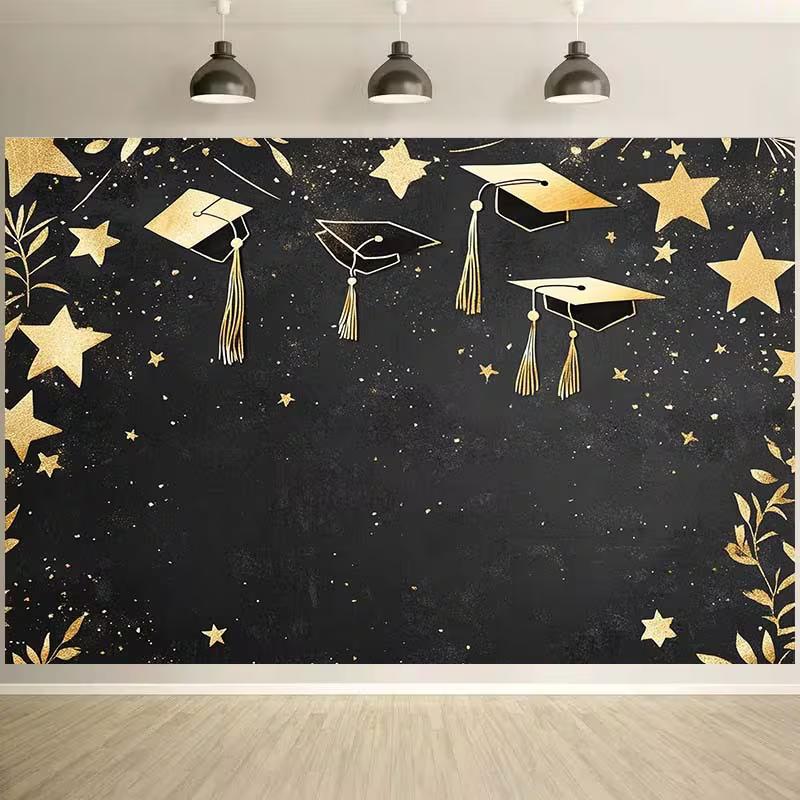 2D Flat Printing Black Gold Graduation Background Cloth for 2026 Graduation Ceremony Photoshoot