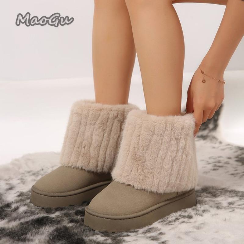 Warm Faux Fur Boots Tube Snow Boots Women 2025 Winter Round Toe Soft Thick Bottom Medium Heel Ankle Botas Winter Cotton Shoes