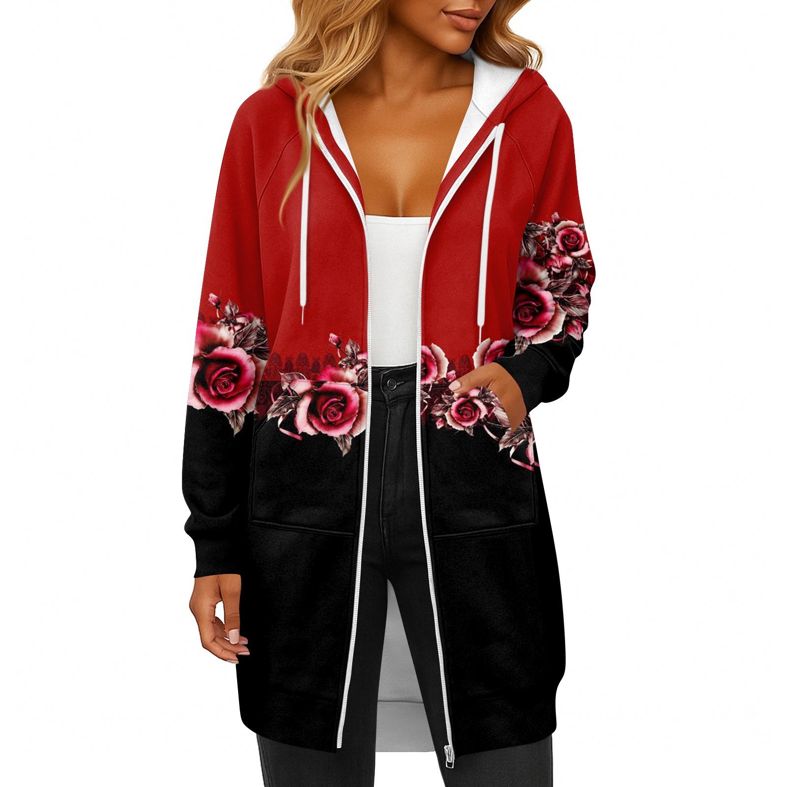 

Женская модная толстовка с длинными рукавами, принтом, капюшоном на кулиске, карманом на молнии, длинная, повседневная S красный