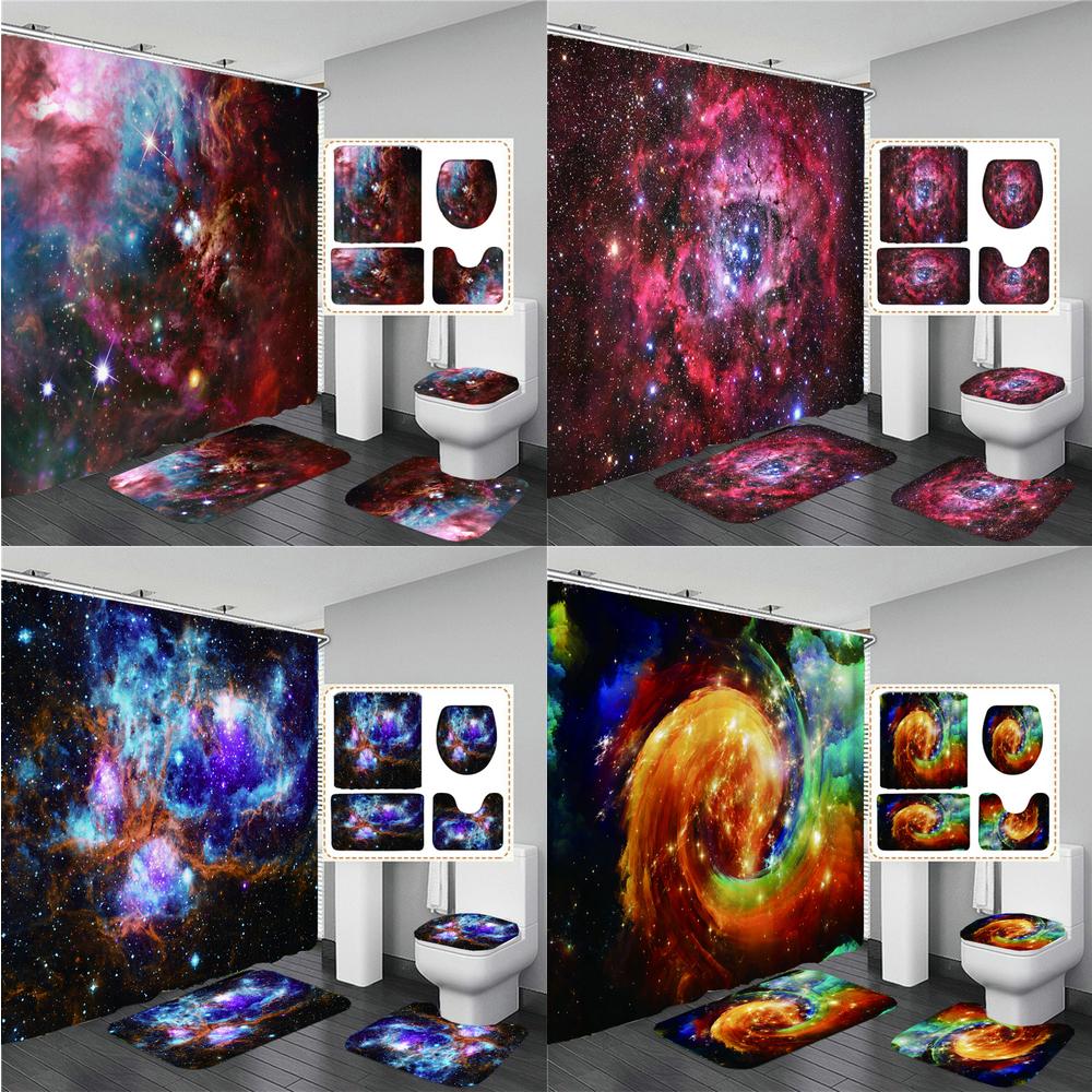 Cosmic Starry Sky Bathroom Curtains Set Universe Galaxy Space Shower Curtain Set Bath Mat Rugs Toilet Lid Cover Home Decor