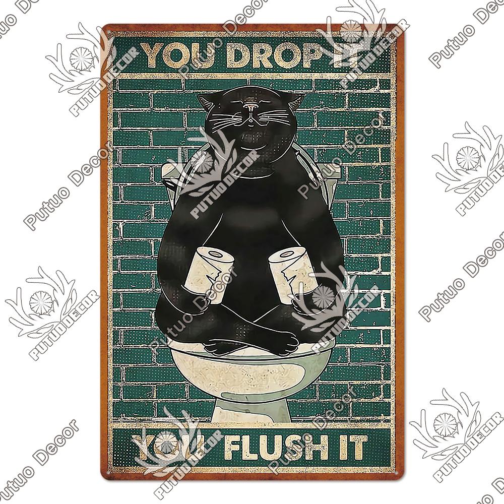 Putuo Decor Cute Black Cat Vintaget Plaque Metal Sign Vintage Tin Sign Poster Decoration for Living Room Barthroom Wall Decor