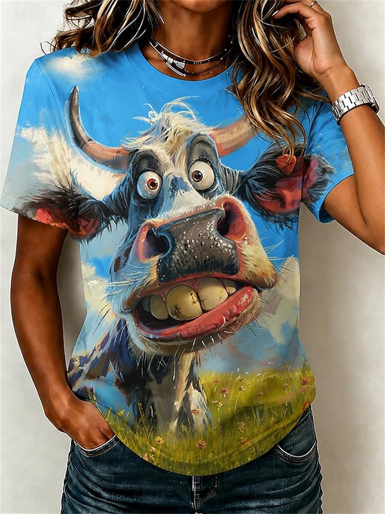 2026 New Women's Fashionable Short-Sleeve T-Shirt Fun Cow Print T-Shirt Trendy Street-Style Women's Short-Sleeve Top