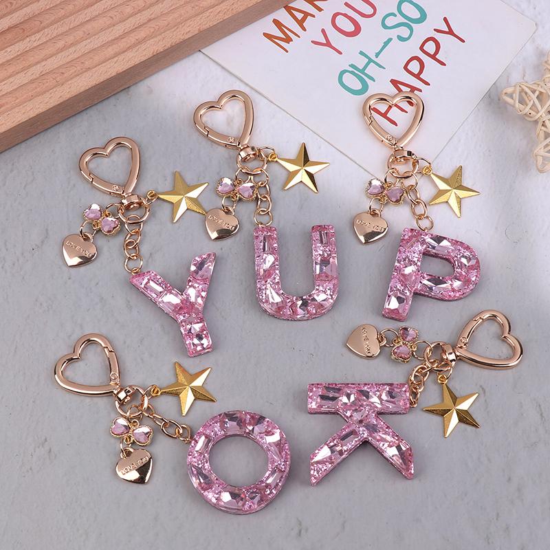 Cute  Bling Keychain A To Z Initial Letter Love Heart Star Pink For Women Girls Bag Cup Pendant Key Chain Accessories